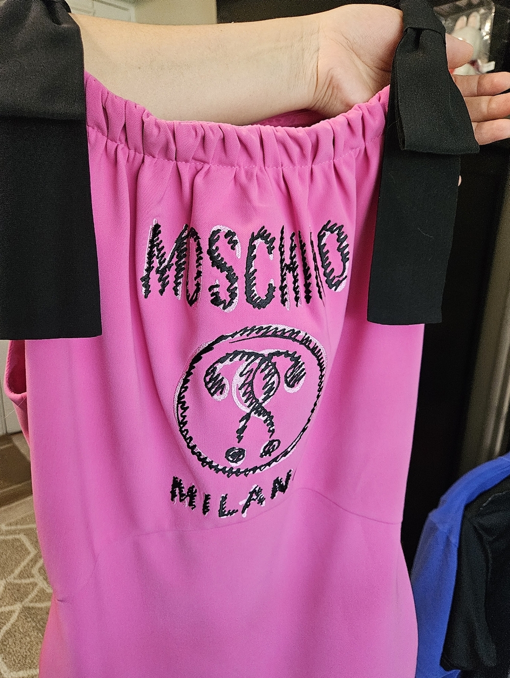 MOSCHINO Hot Pink Logo Dress with Black Bow Straps